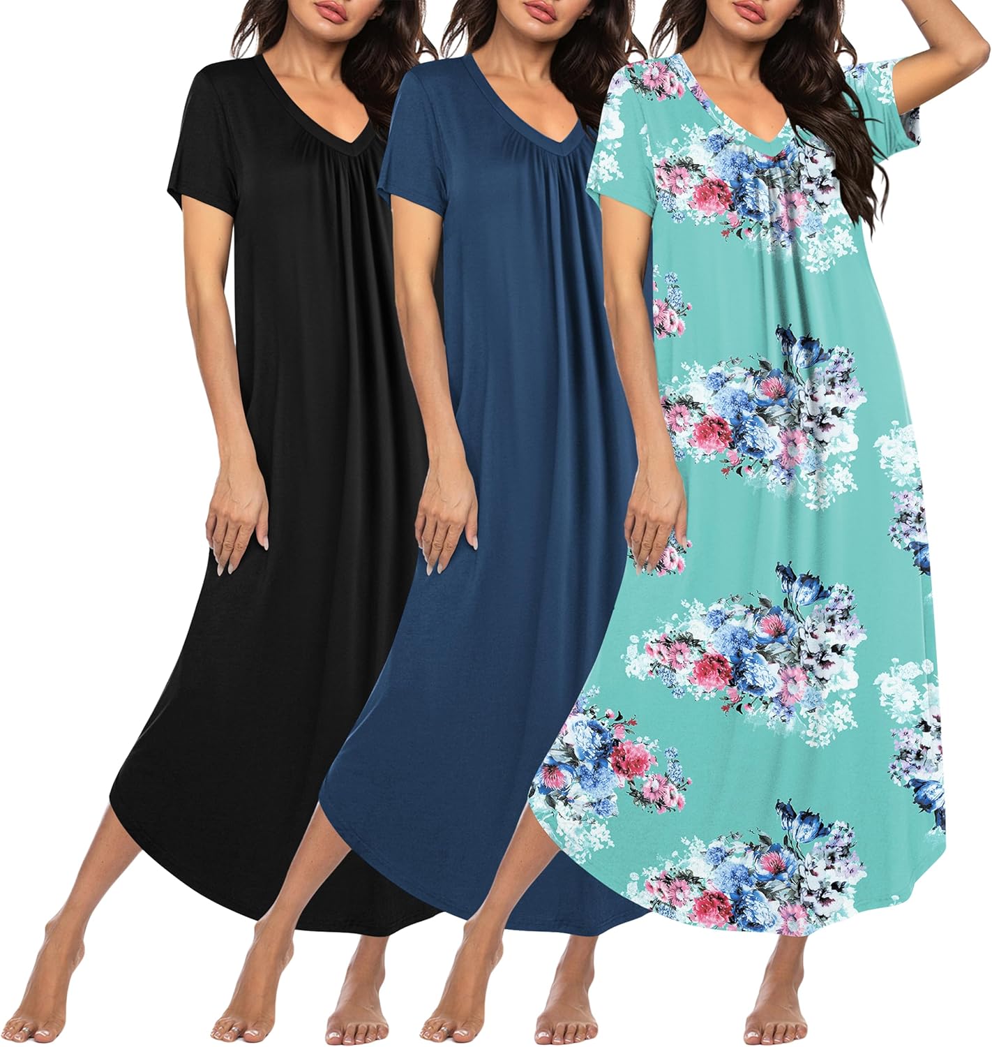 Ekouaer 3 Pack Long Nightgowns for Women Plus Size Comfort