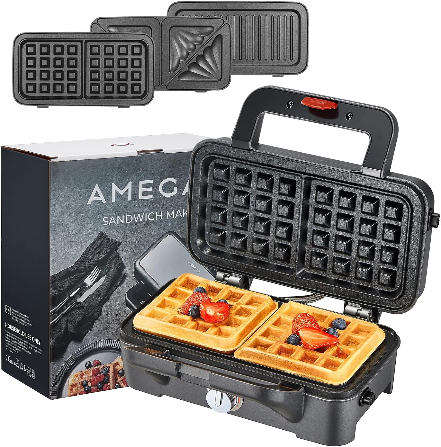 3-in-1 Breakfast Maker | Removable Plates | 5-Gear Temp | Non-Stick | AMEGAT