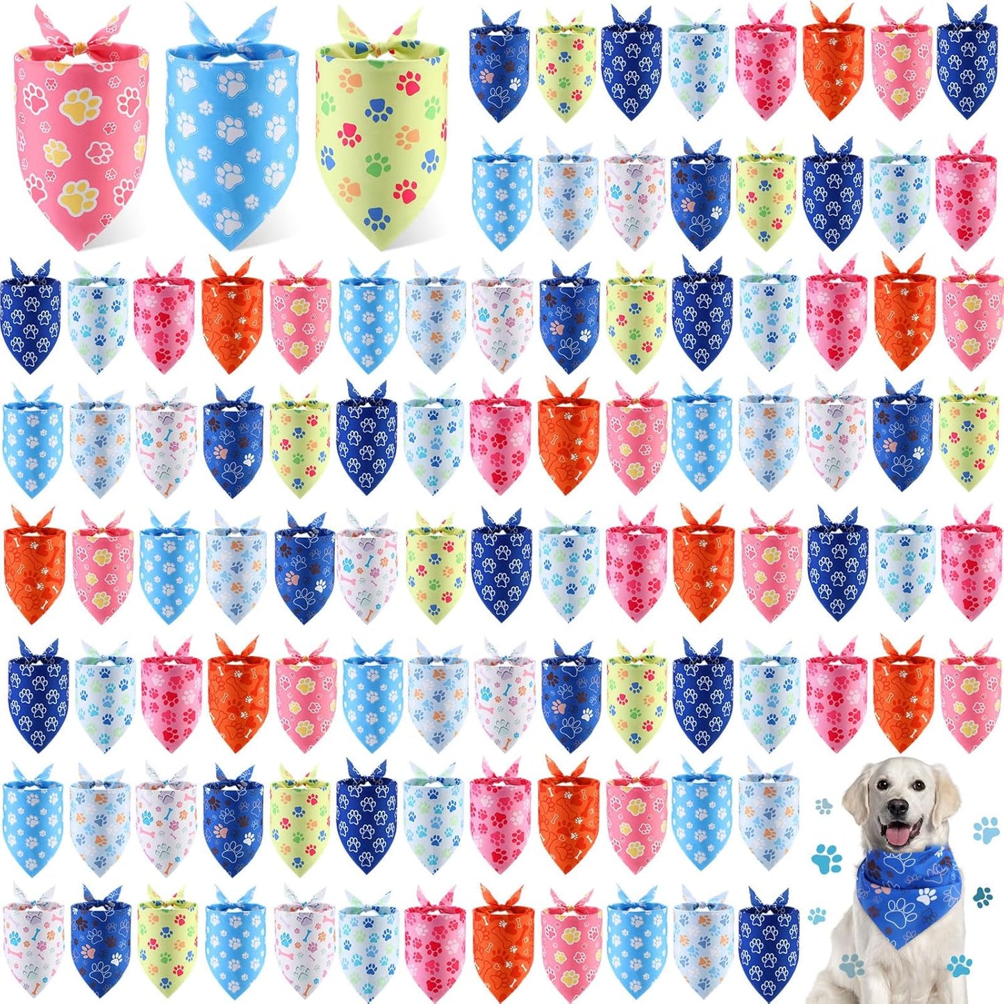 Paw Print Dog Bandanas Bulk - 100 Pieces for Pet Parties