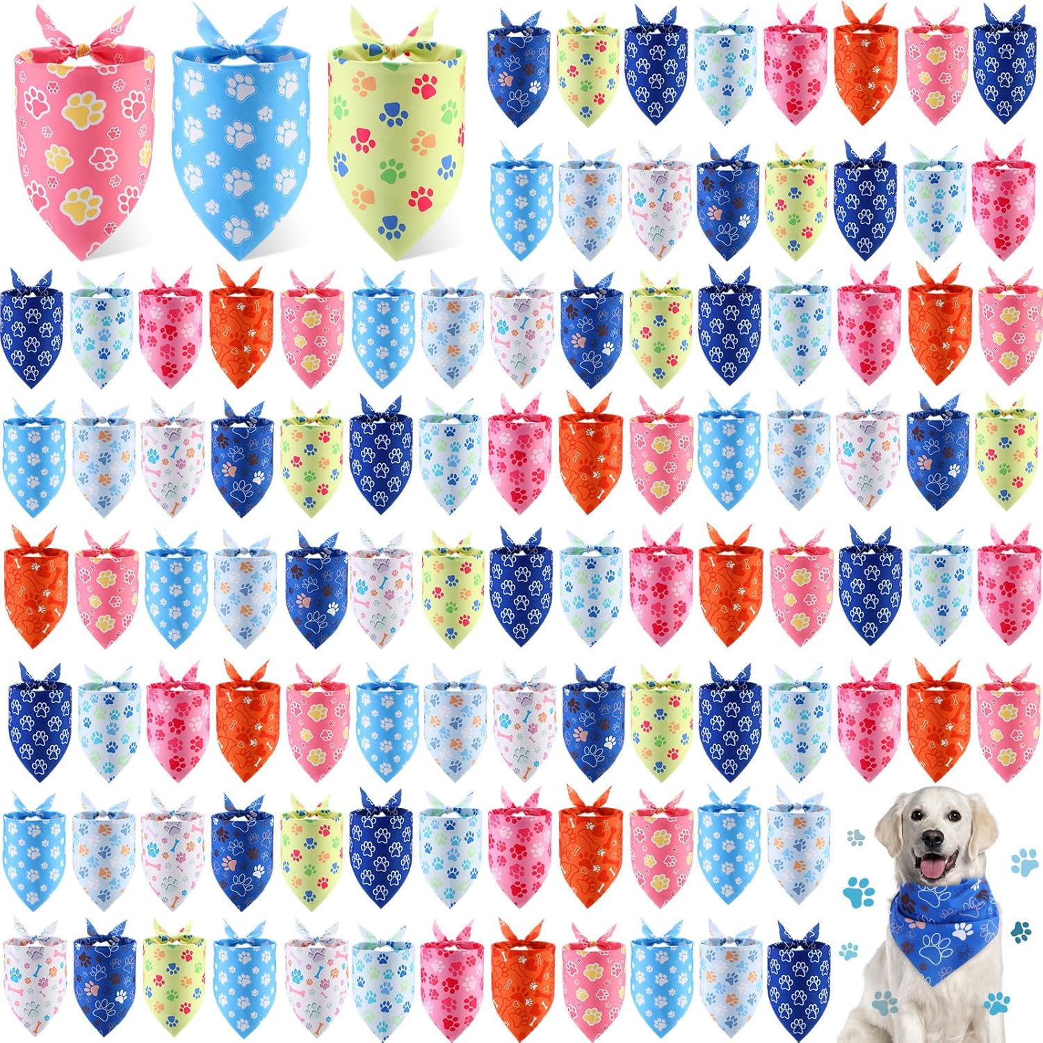 Paw Print Dog Bandanas Bulk - 100 Pieces for Pet Parties