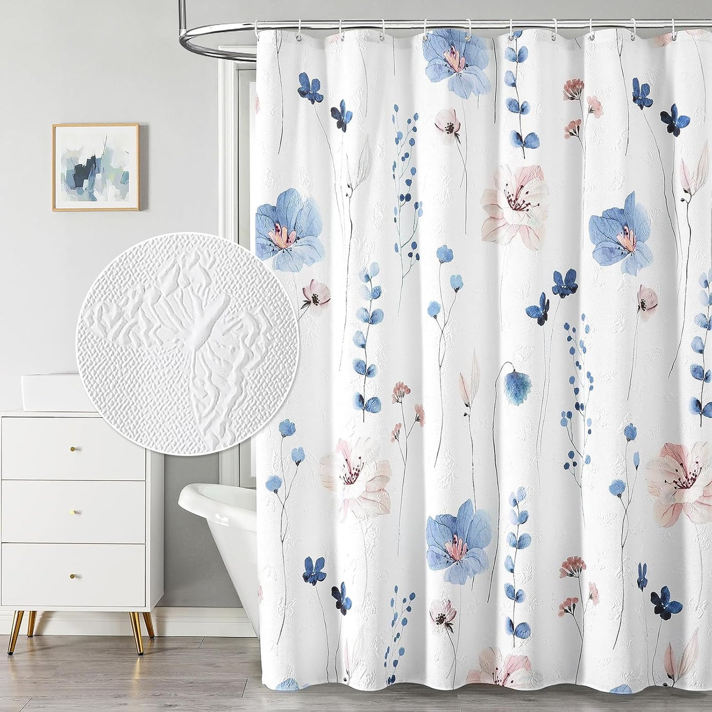 QIYI Long Shower Curtain 72 x 78, Modern Floral Design