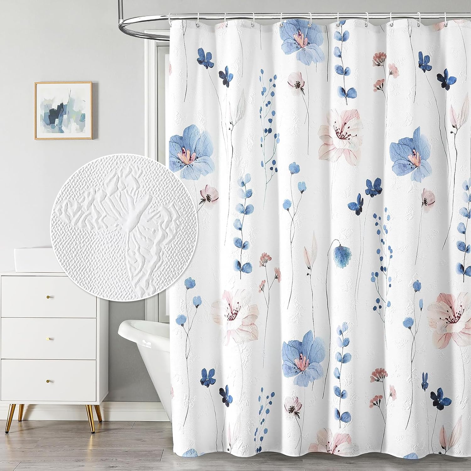 QIYI Long Shower Curtain 72 x 78, Modern Floral Design