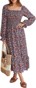 Boho Dresses for Women Floral Square Neck Maxi - Smocked Waist
