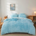 Fluffy Blue Comforter Cover Set Queen - Ultra Soft Plush Bedding