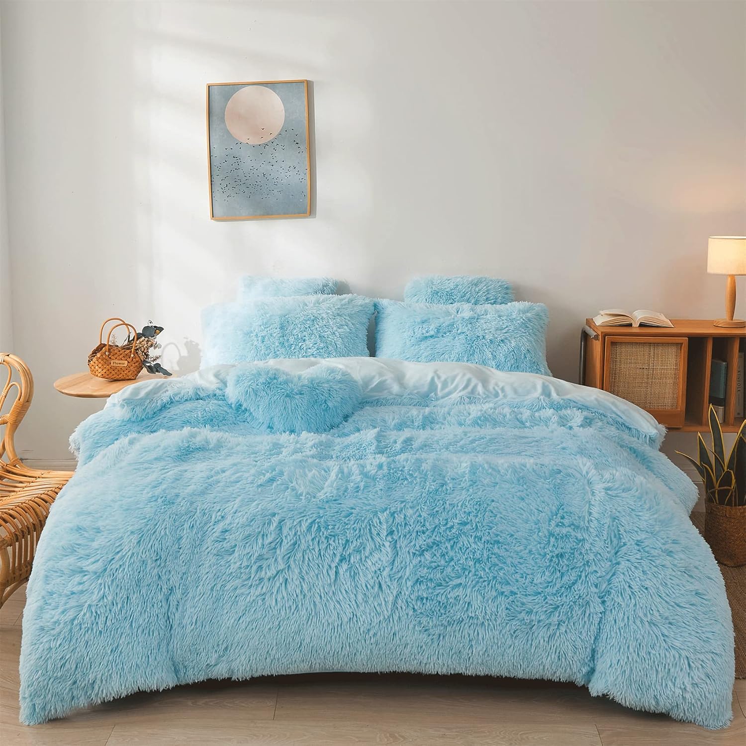 Fluffy Blue Comforter Cover Set Queen - Ultra Soft Plush Bedding