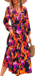 PRETTYGARDEN Floral Long Sleeve Wrap Maxi Dress - Flowy Boho Fit