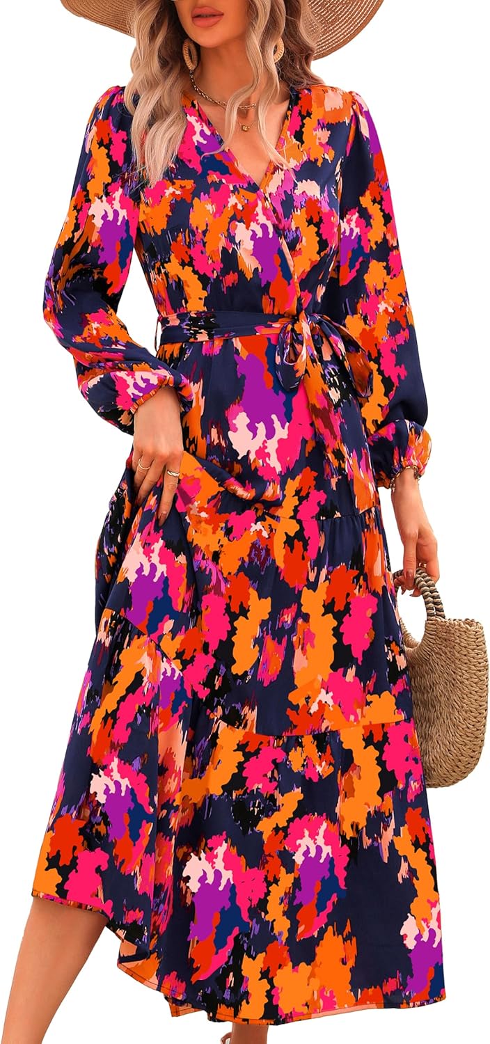PRETTYGARDEN Womens Long Sleeve Wrap V Neck Floral Maxi Dress