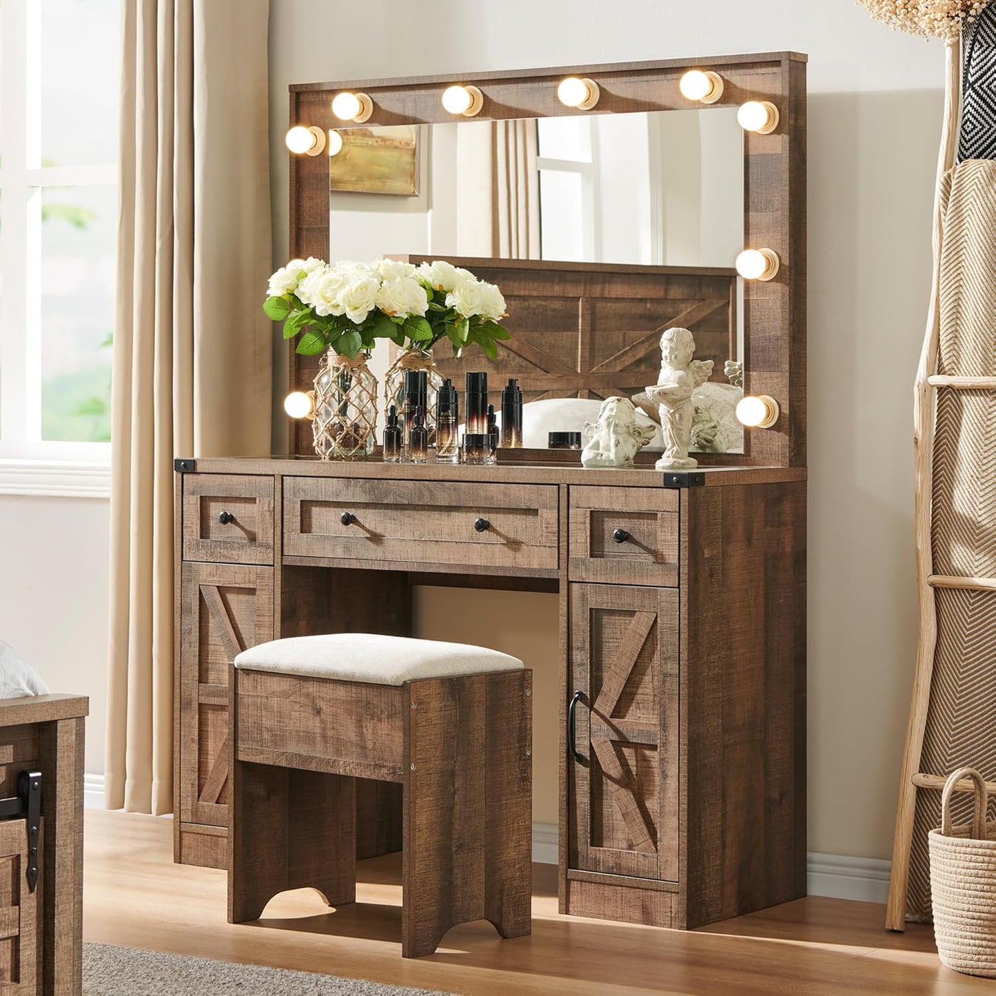 Rustic Vanity Desk Set with Lights & Storage