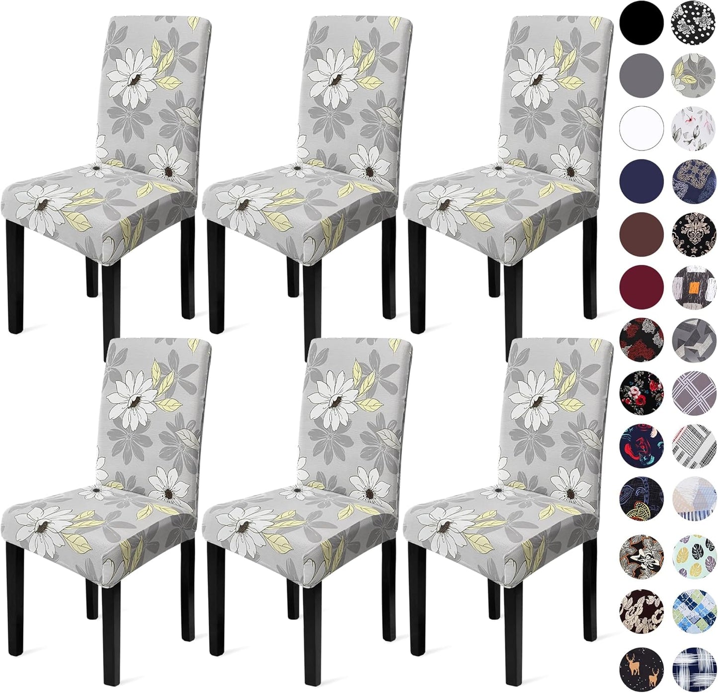 Sufdari Dining Chair Covers Set of 6 - Grey Floral Stretch Protectors