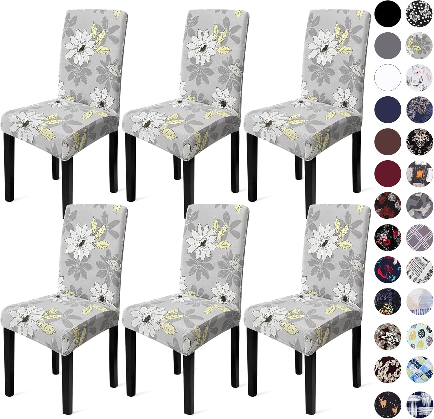 Sufdari Dining Chair Covers Set of 6 - Grey Floral Stretch Protectors