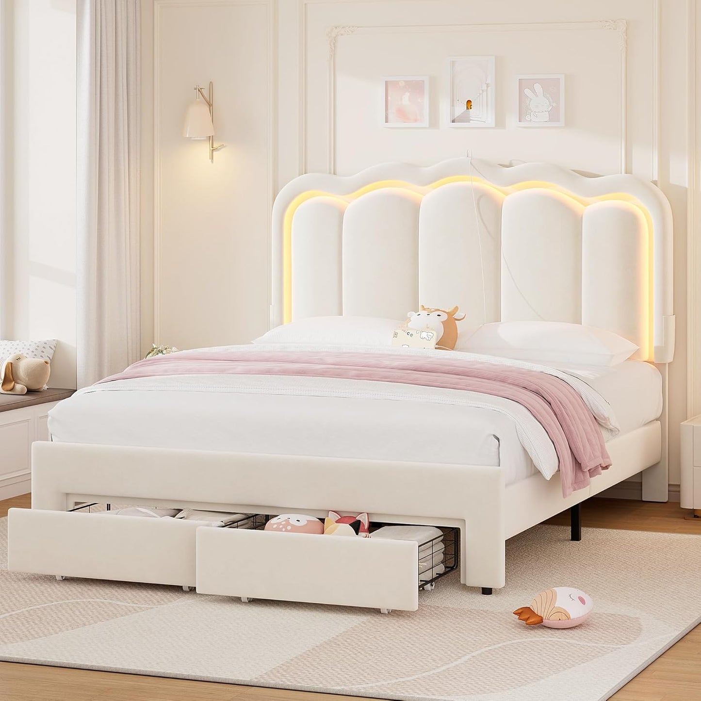 Full Upholstered LED Bed Frame with Storage Drawers and Headboard