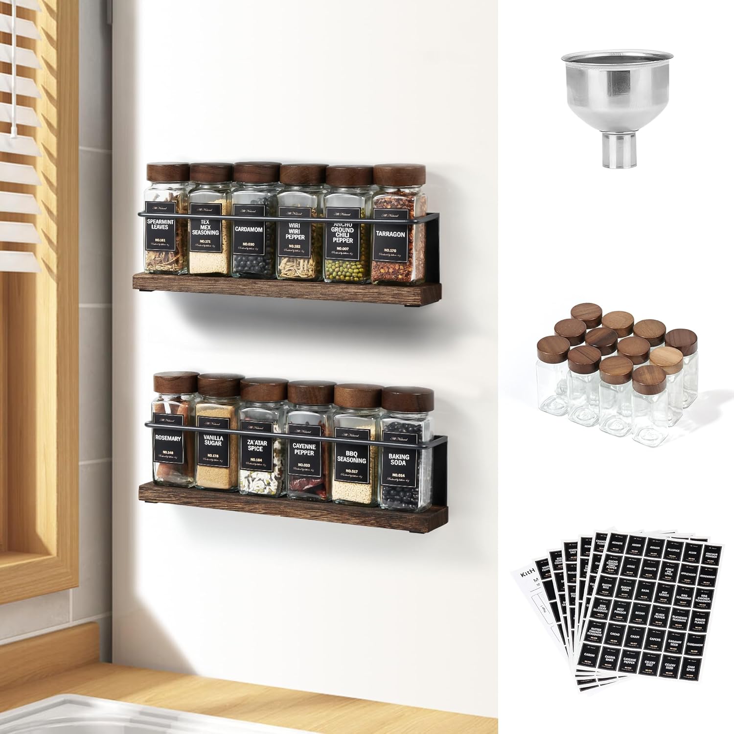Wooden Lid Magnetic Spice Rack with 12 Jars and Labels Set