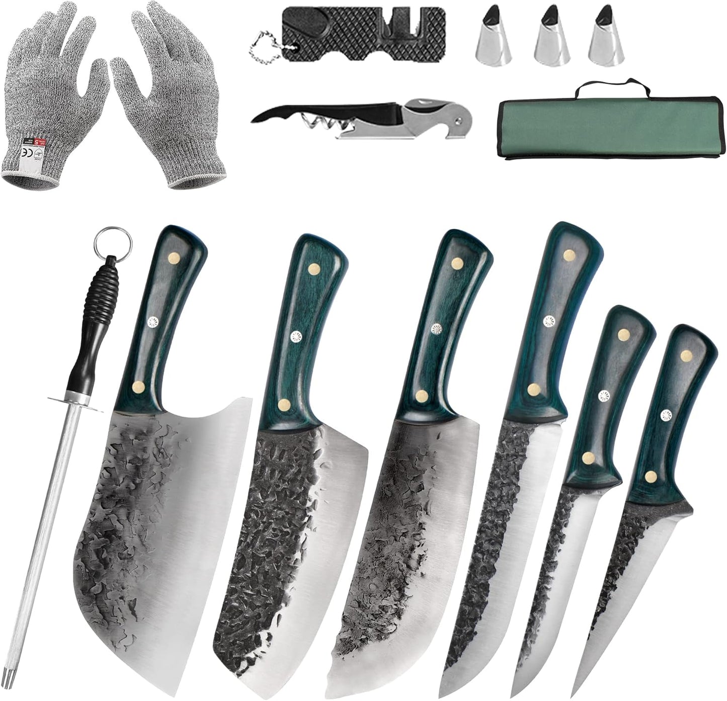 FULLHI Portable Butcher Knife Set with Green Wood Handle