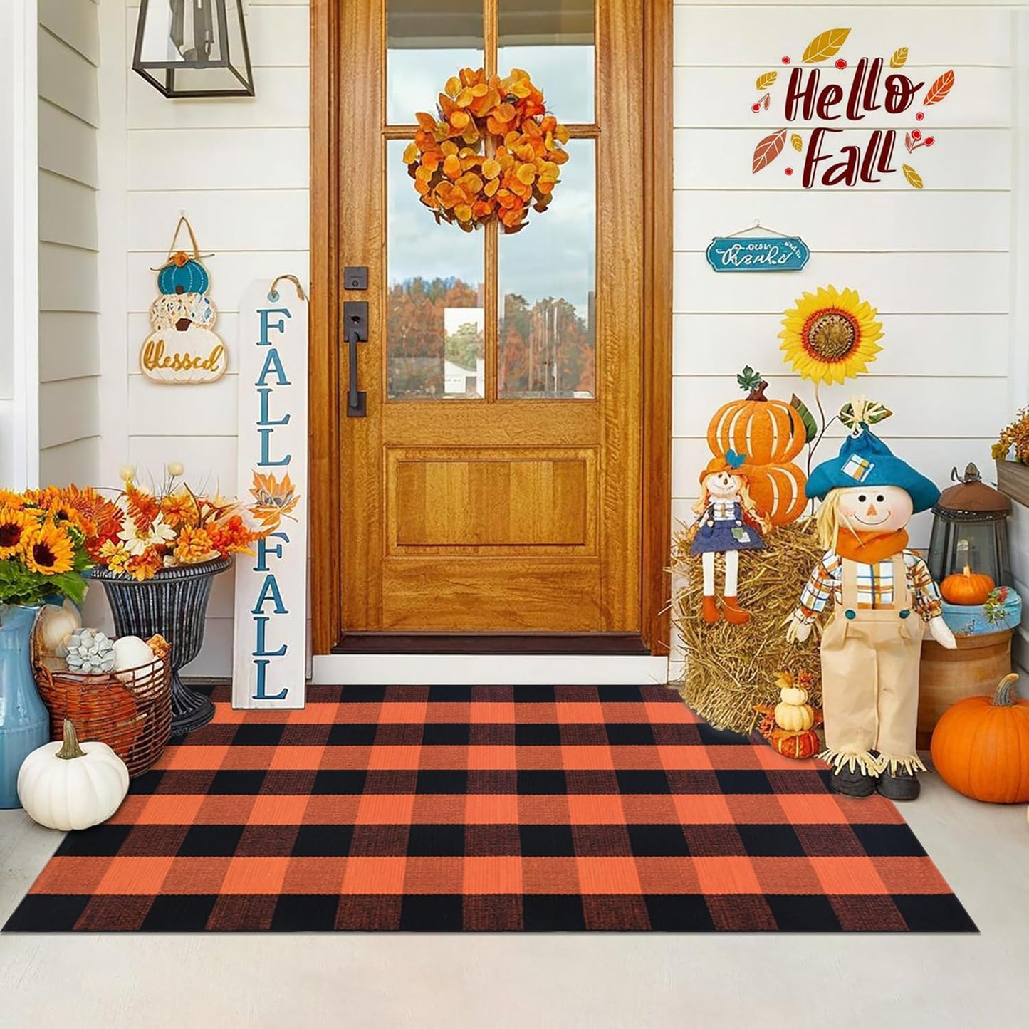 Fall Orange and Black Plaid Rugs for Indoor and Outdoor Use