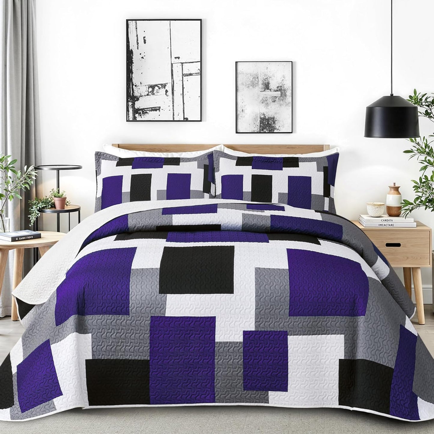 3 Piece Dark Purple Grey Quilt Set for California King Size Bed
