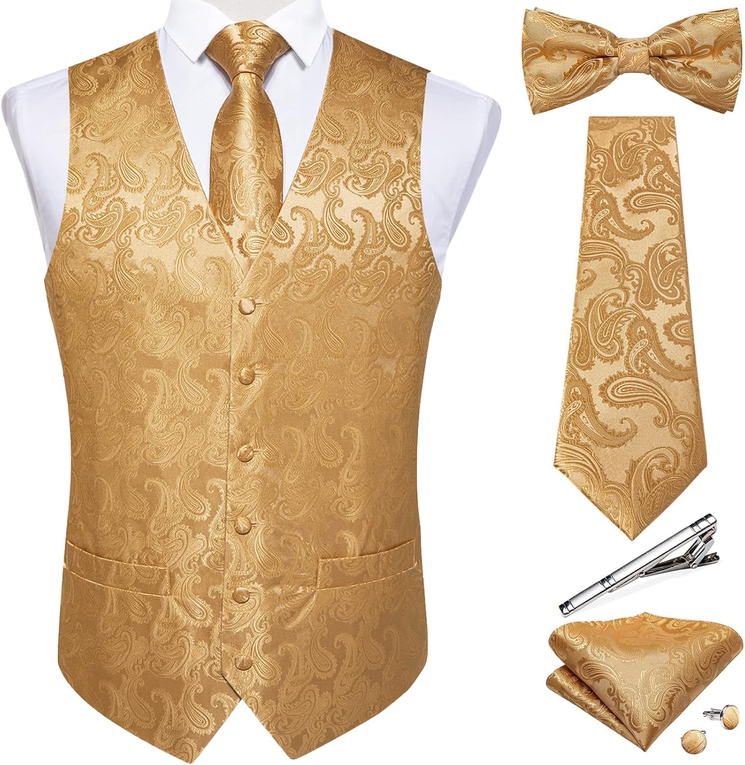DiBanGu Men's Silk Paisley Vest and Necktie Set for Weddings