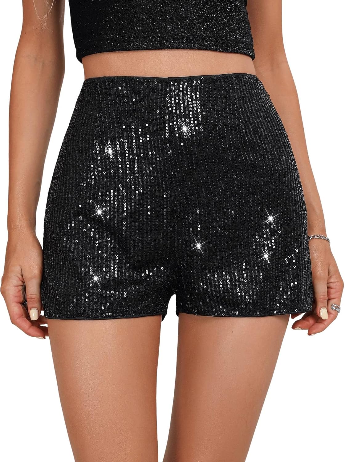Sequins High Elastic Waist Straight Leg Shorts for Parties