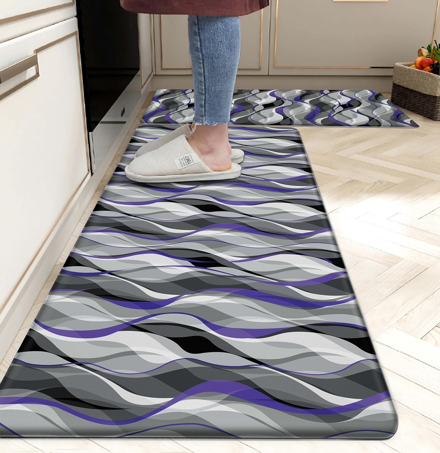 Kitchen Mats for Floor Modern Abstract Grey and Purple Stripe