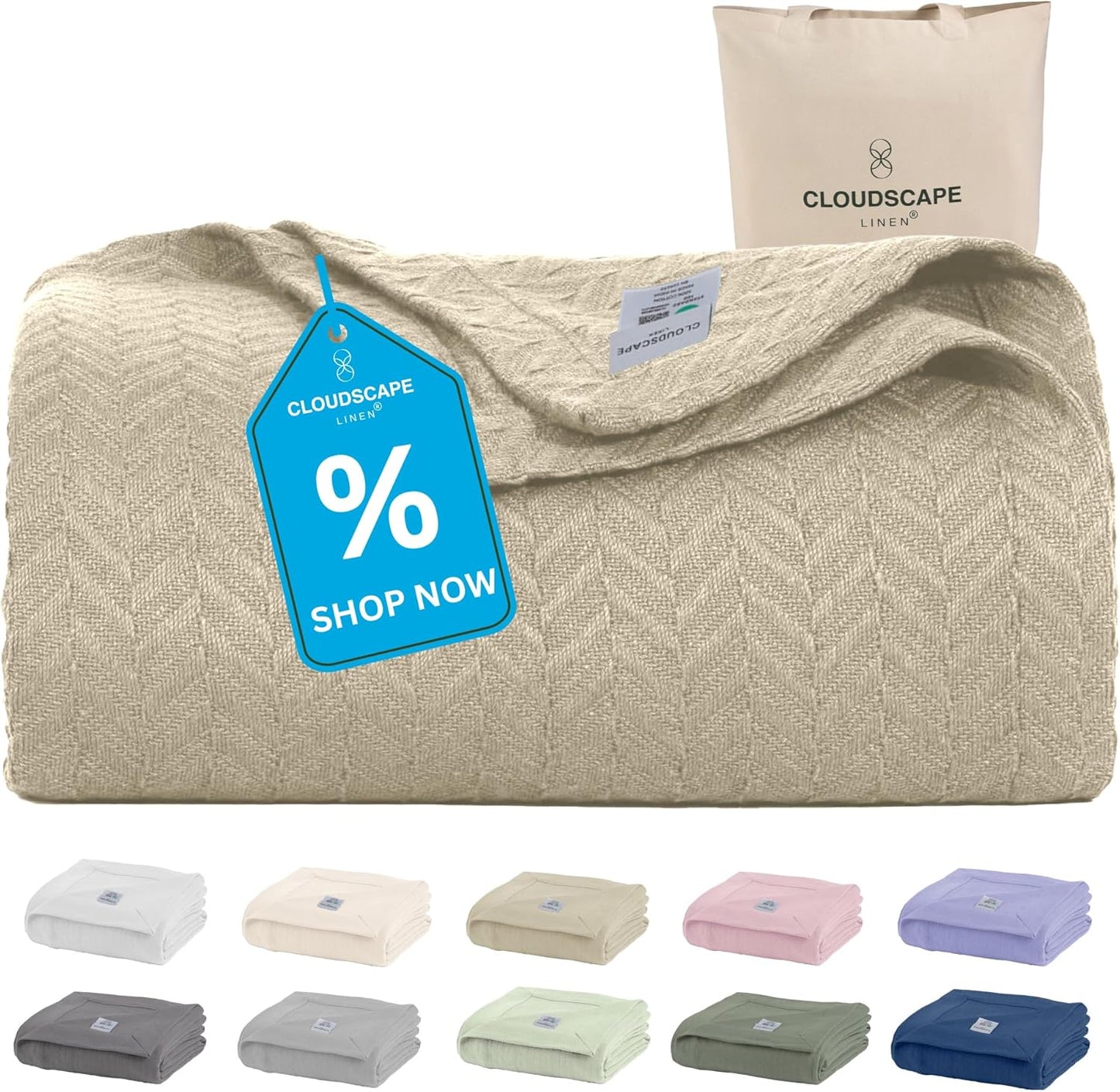 Cloud Scape Linen Herringbone Cotton Twin Blanket for All Seasons