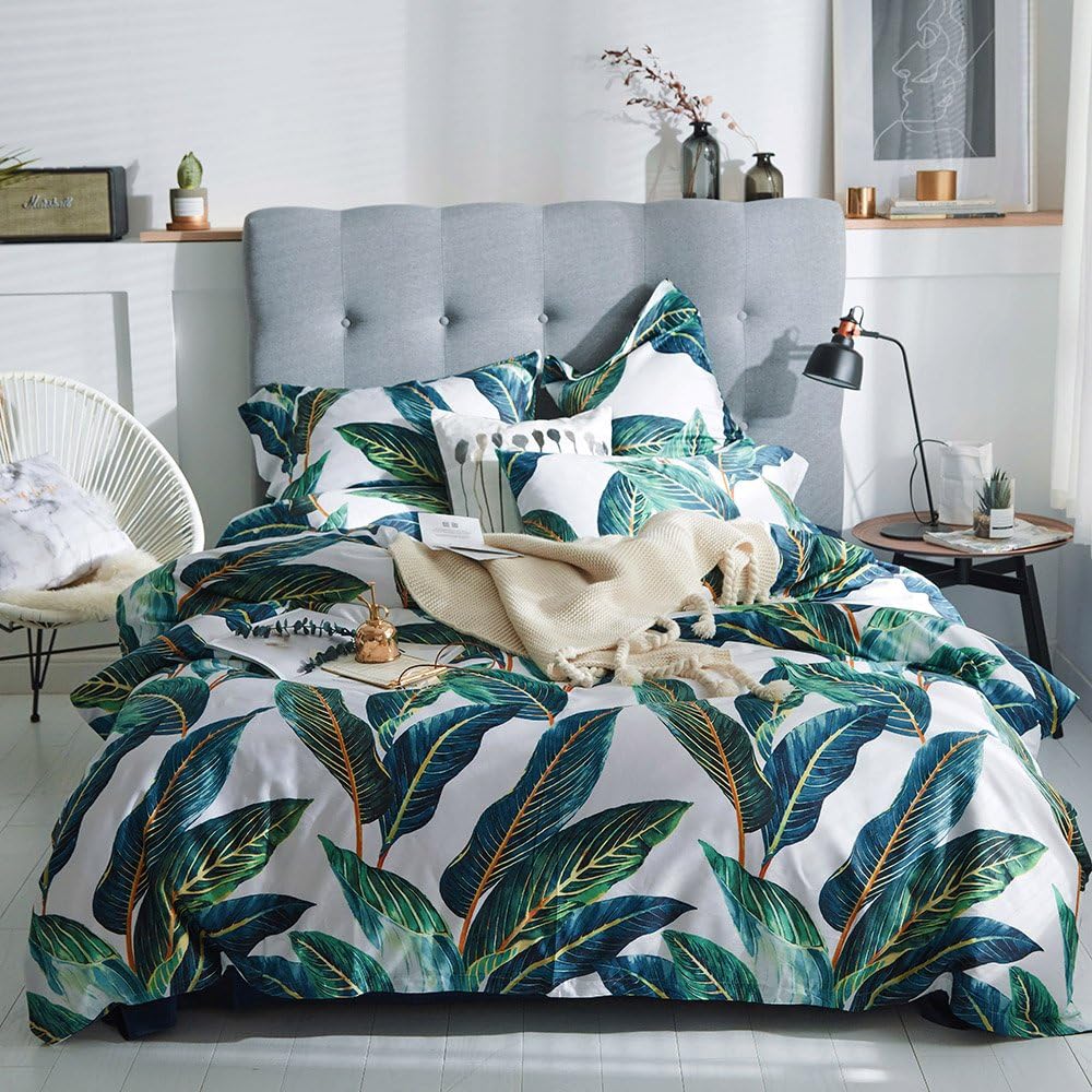 Chic Floral Duvet Cover Set King Size with Green Leaves Design