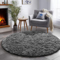 Fluffy Grey Round Rug 6Ft for Bedroom Living Room Decor