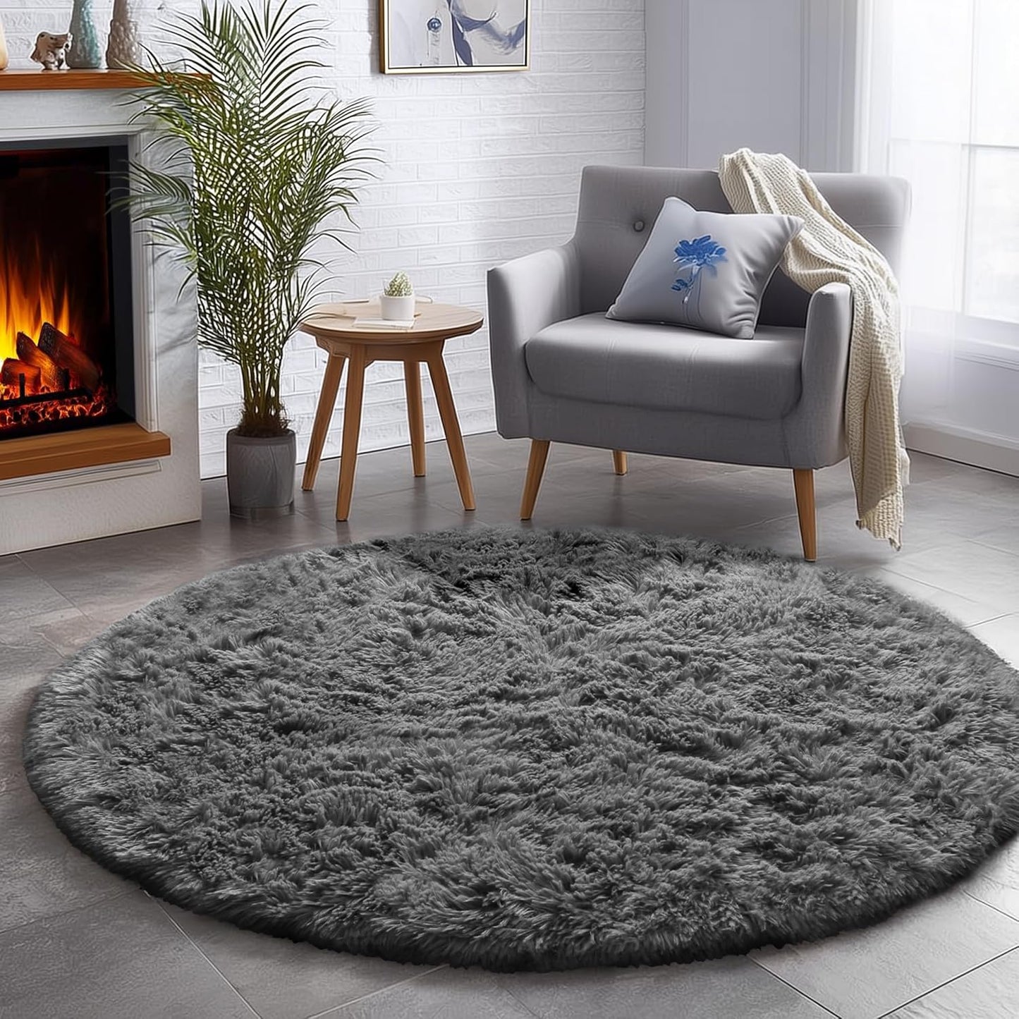 Fluffy Grey Round Rug 6Ft for Bedroom Living Room Decor