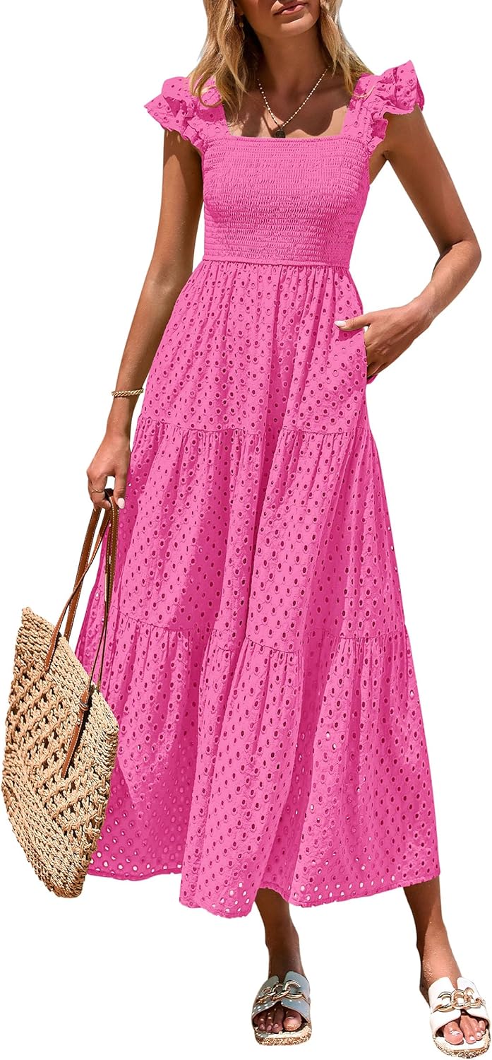 PRETTYGARDEN Womens Summer Square Neck Maxi Dress with Pockets