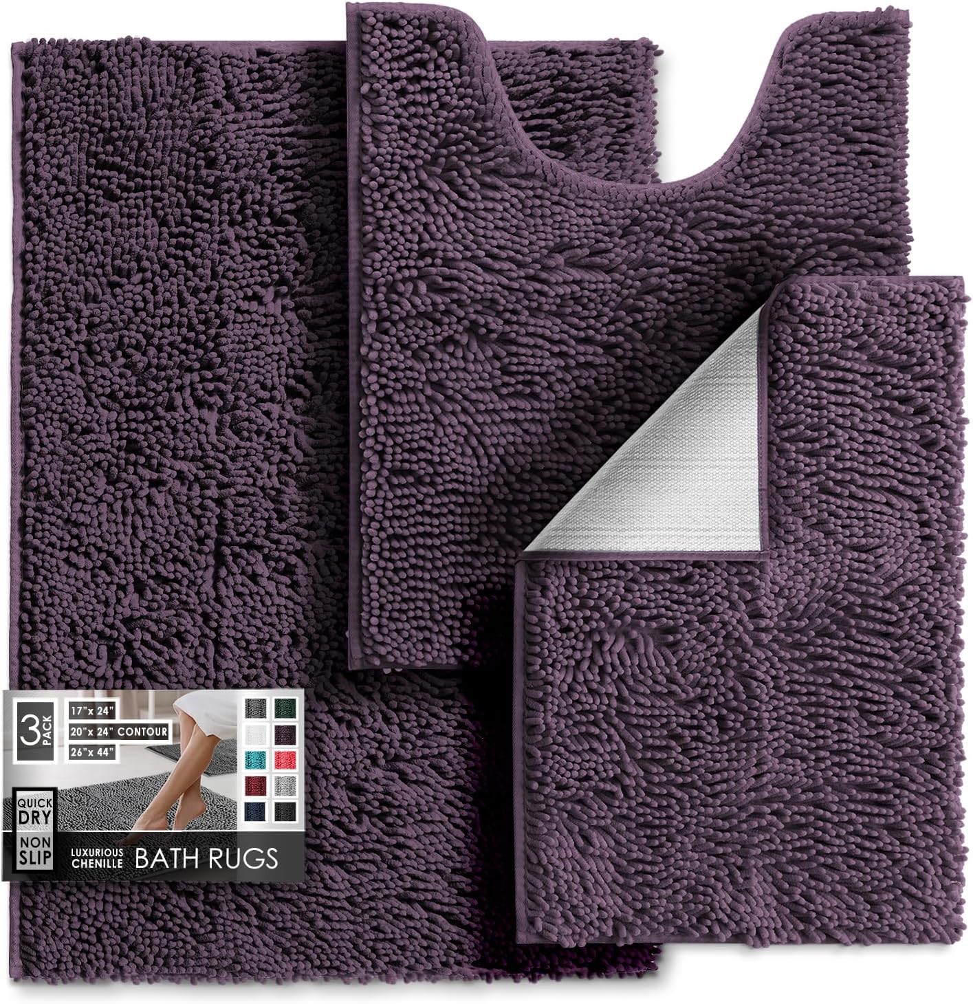 Chenille Bath Mat Set - Soft Non-Slip Bathroom Rugs in Purple
