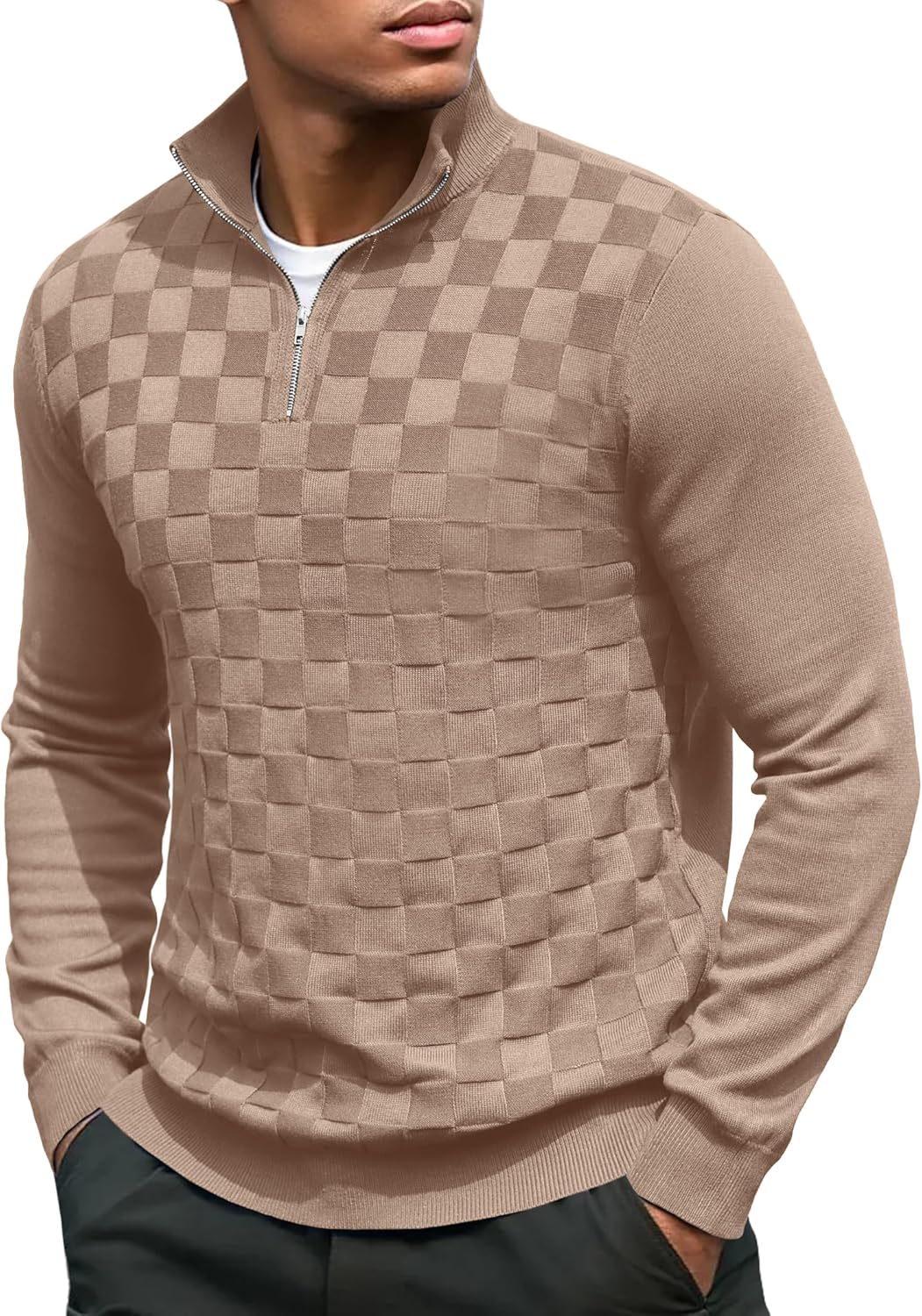 Stylish Jacquard Checkered Quarter Zip Pullover Sweater for Men