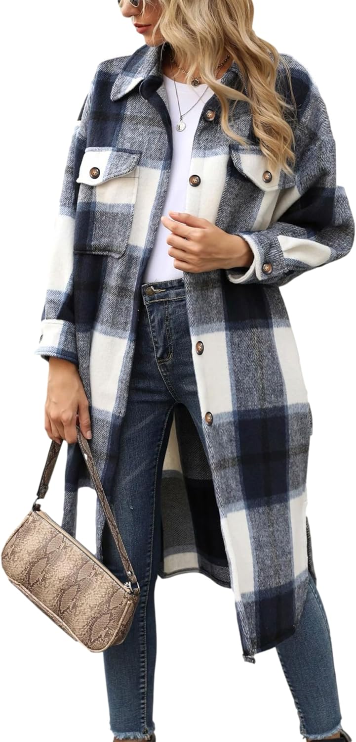 Himosyber Women's Casual Plaid Woolen Button Up Shacket Coat
