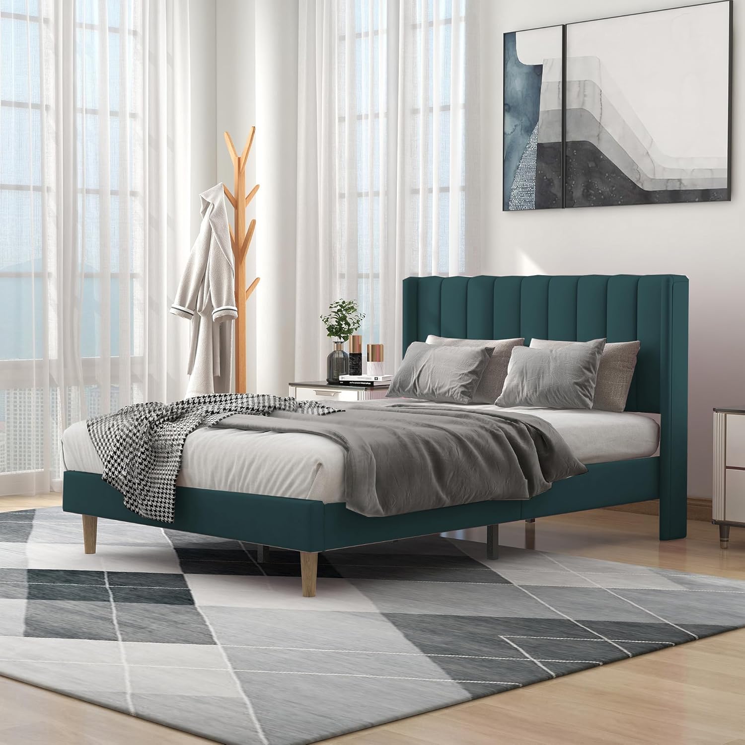 Stylish Upholstered Full Size Bed Frame with Wingback Design