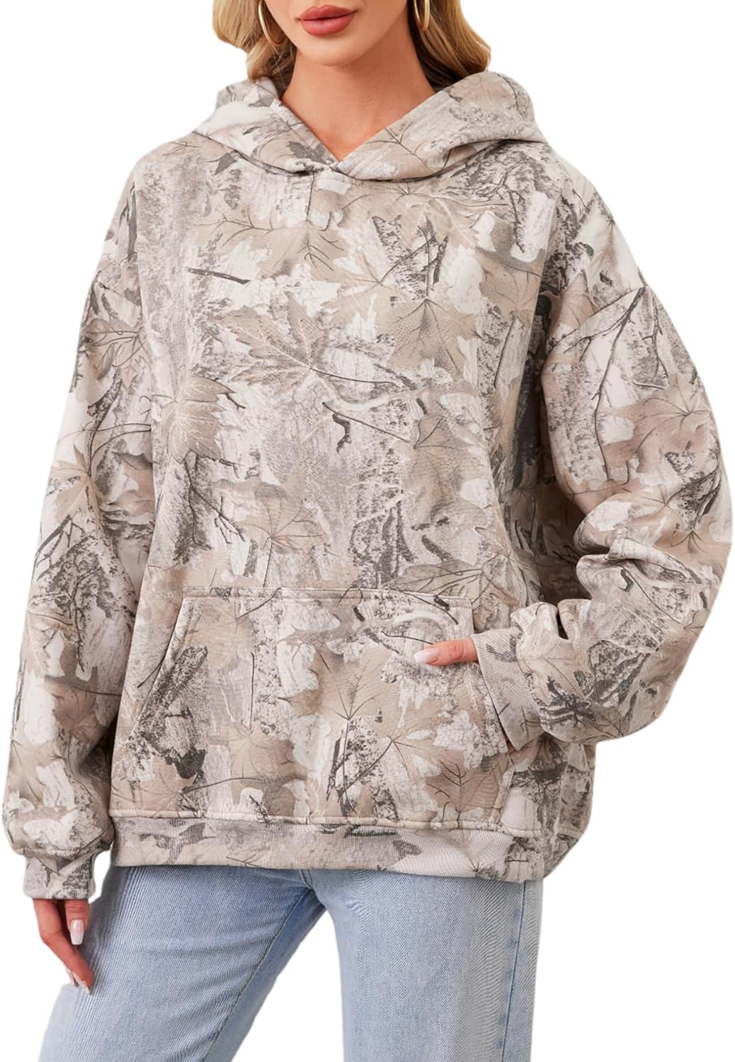 Camo Hoodie Womens Maple Leaf Fleece Oversized Sweatshirt