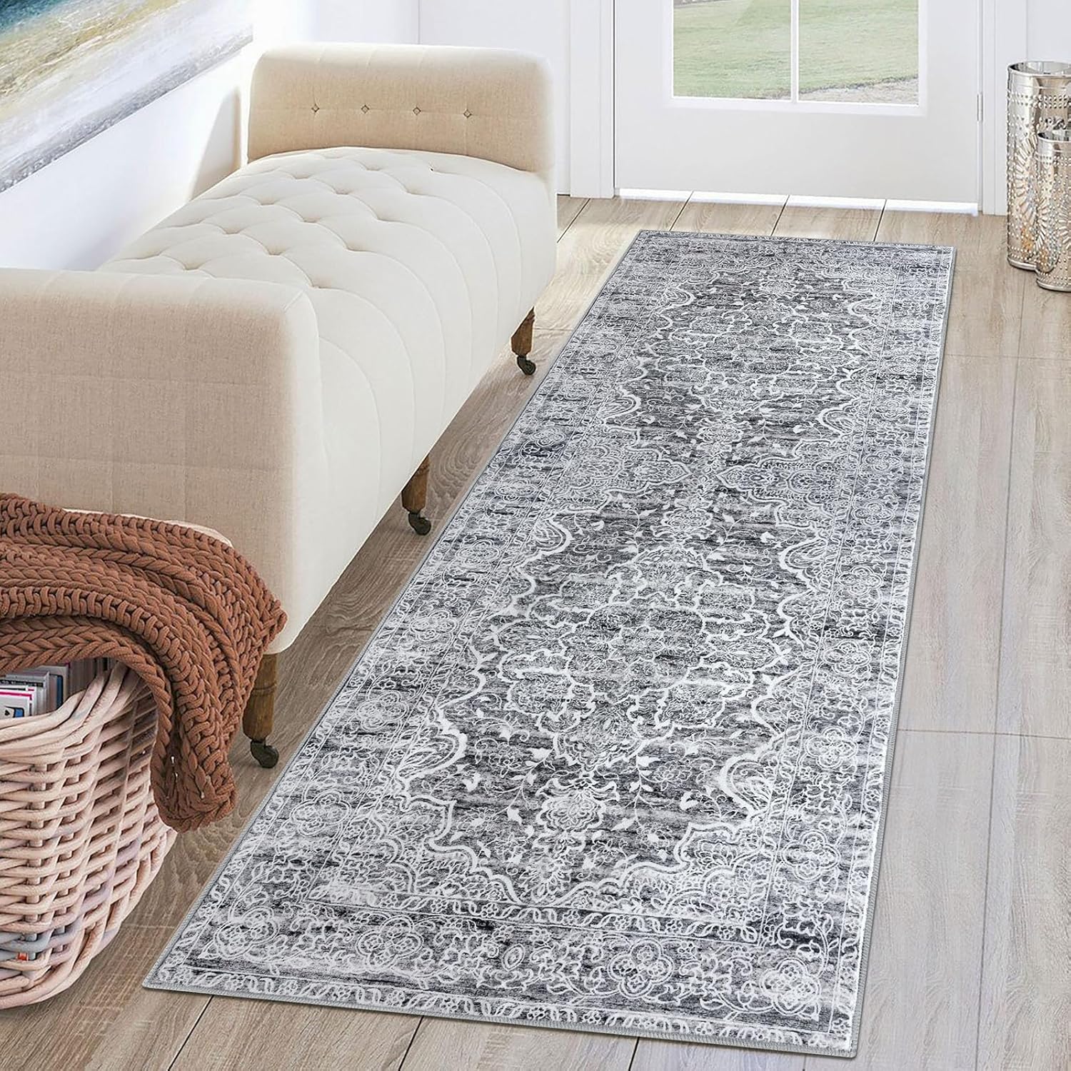 KUTA Hallways Runner Rug 2x6 Grey White Vintage Floral Design