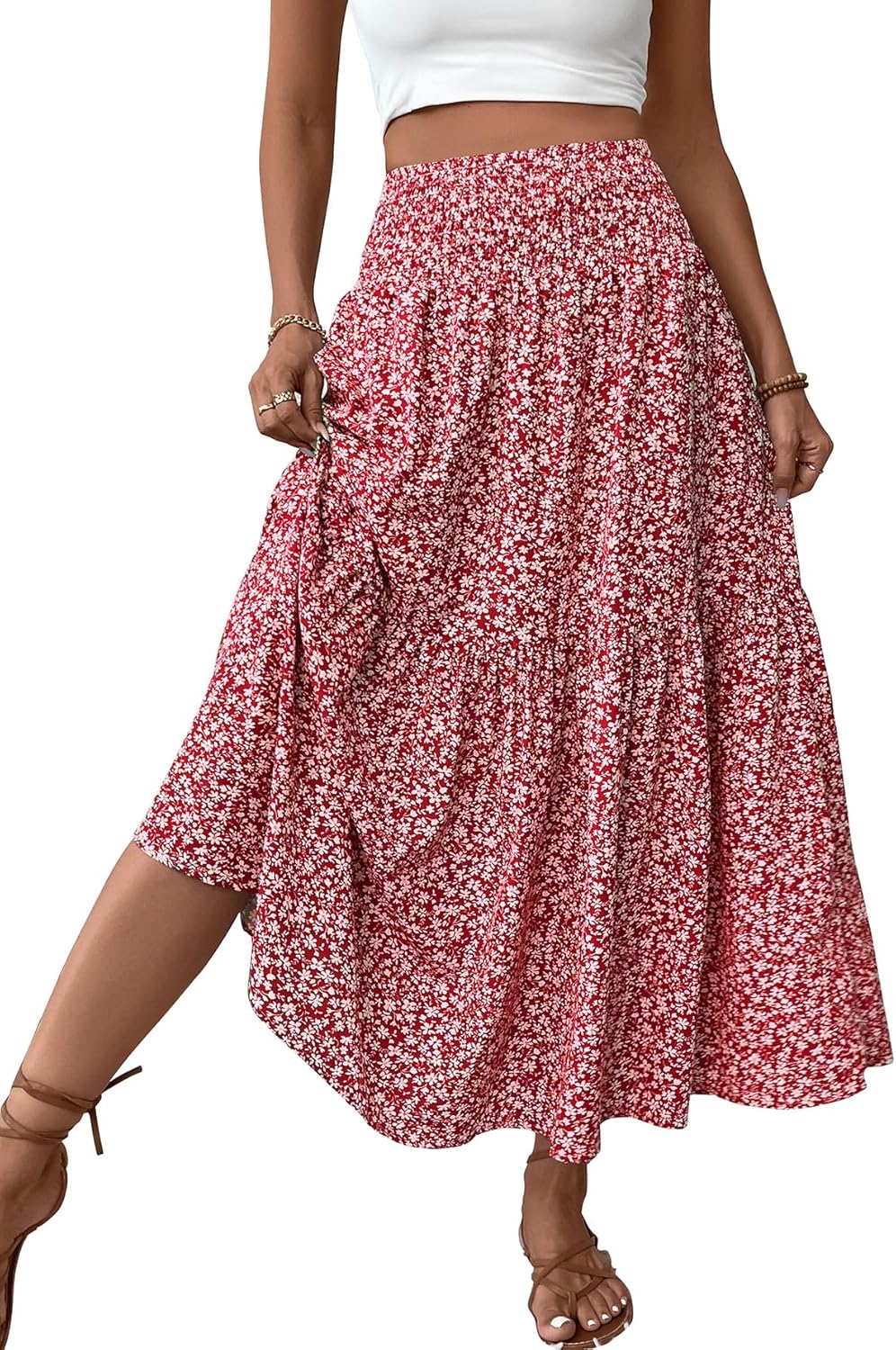 Women's Smocked High Waist Maxi Skirt with Pockets for Style