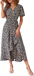 Women's Summer Floral Boho Maxi Dress Wrap V Neck - Flowy (Style 55QH)