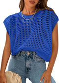 Womens Cotton Crochet Cap Sleeve Sweater - Lightweight Summer Top