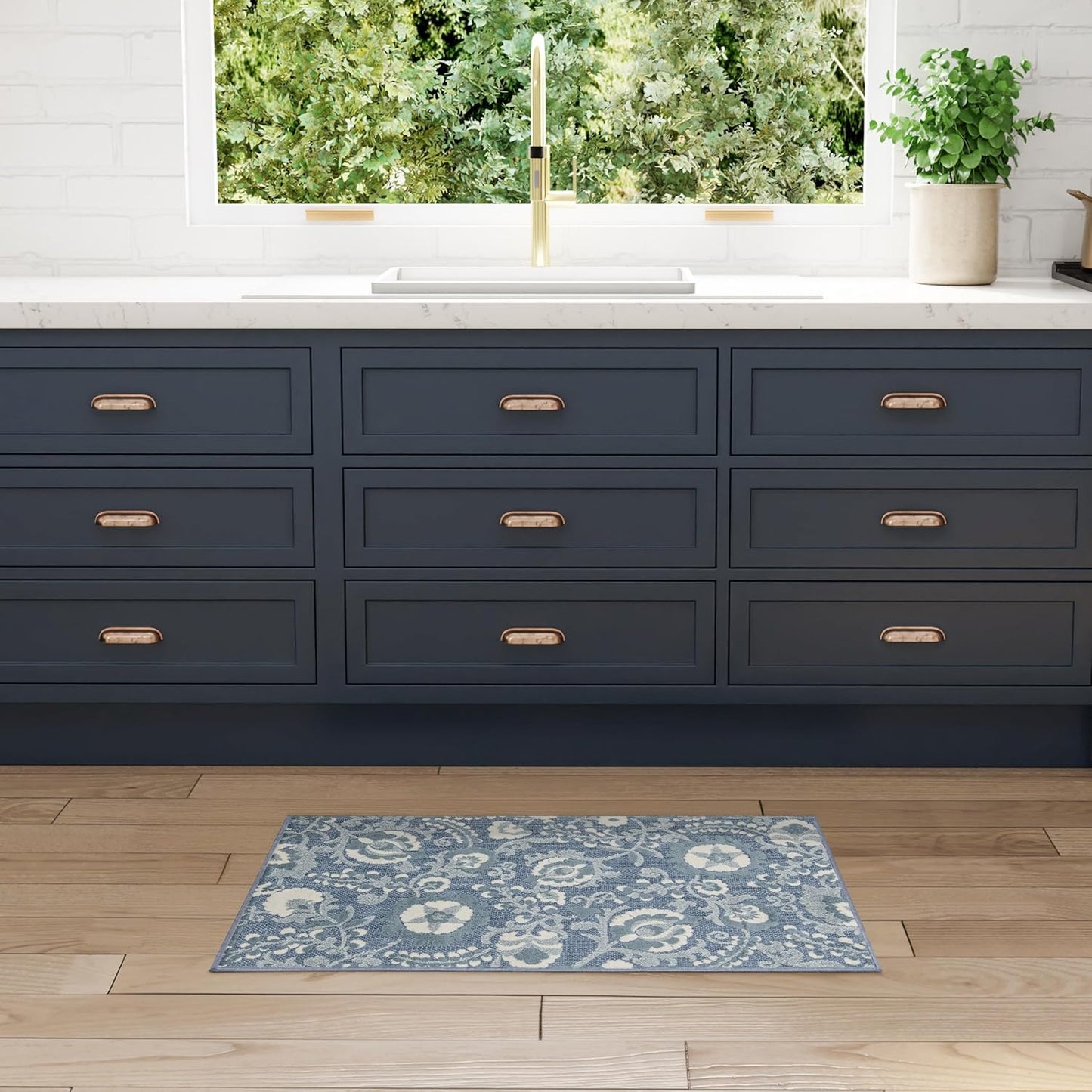 Nourison Aloha Blue Area Rug - Easy Clean Floral Design
