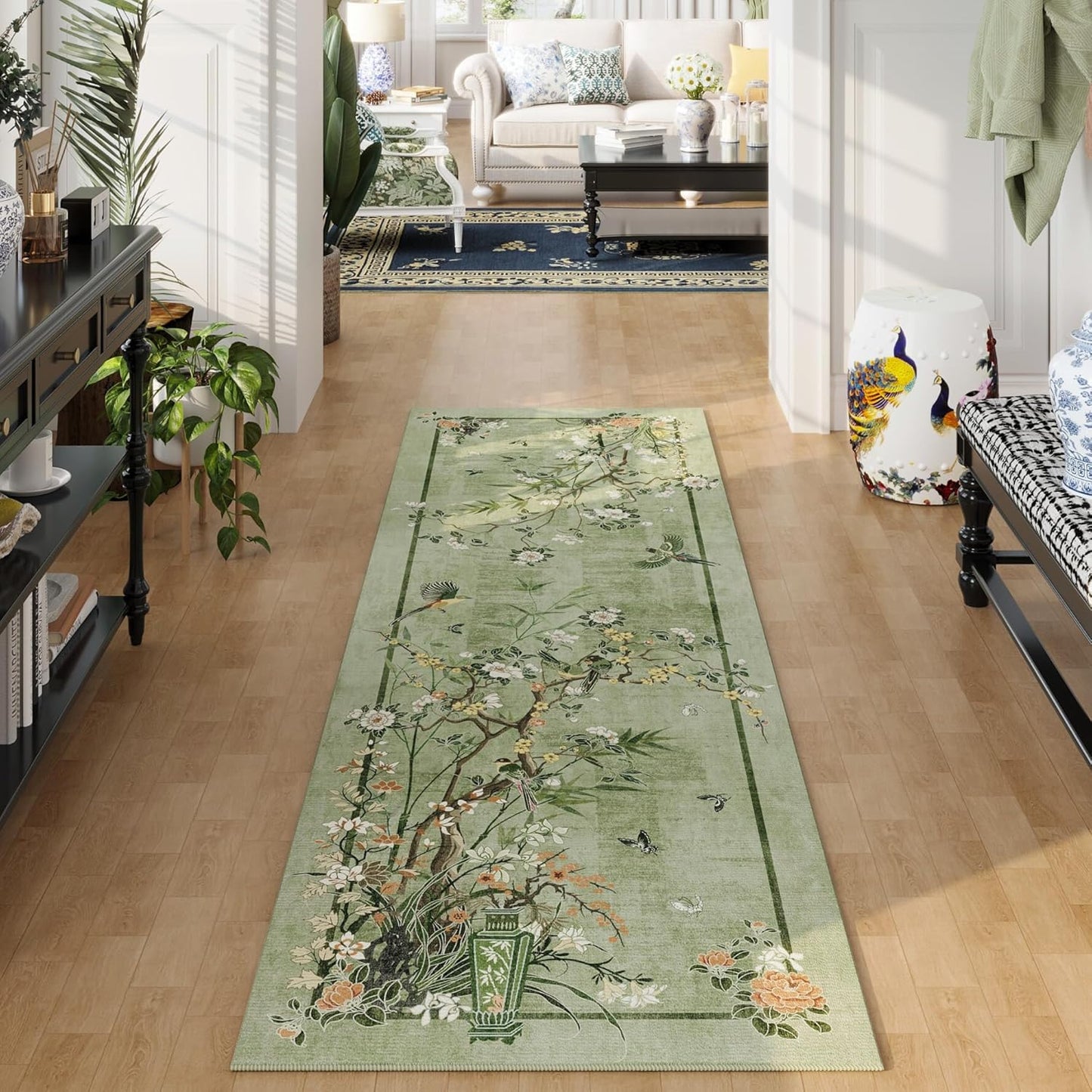 Chinoiserie-Style Floral Runner Rug 2x6 for Vintage Decor