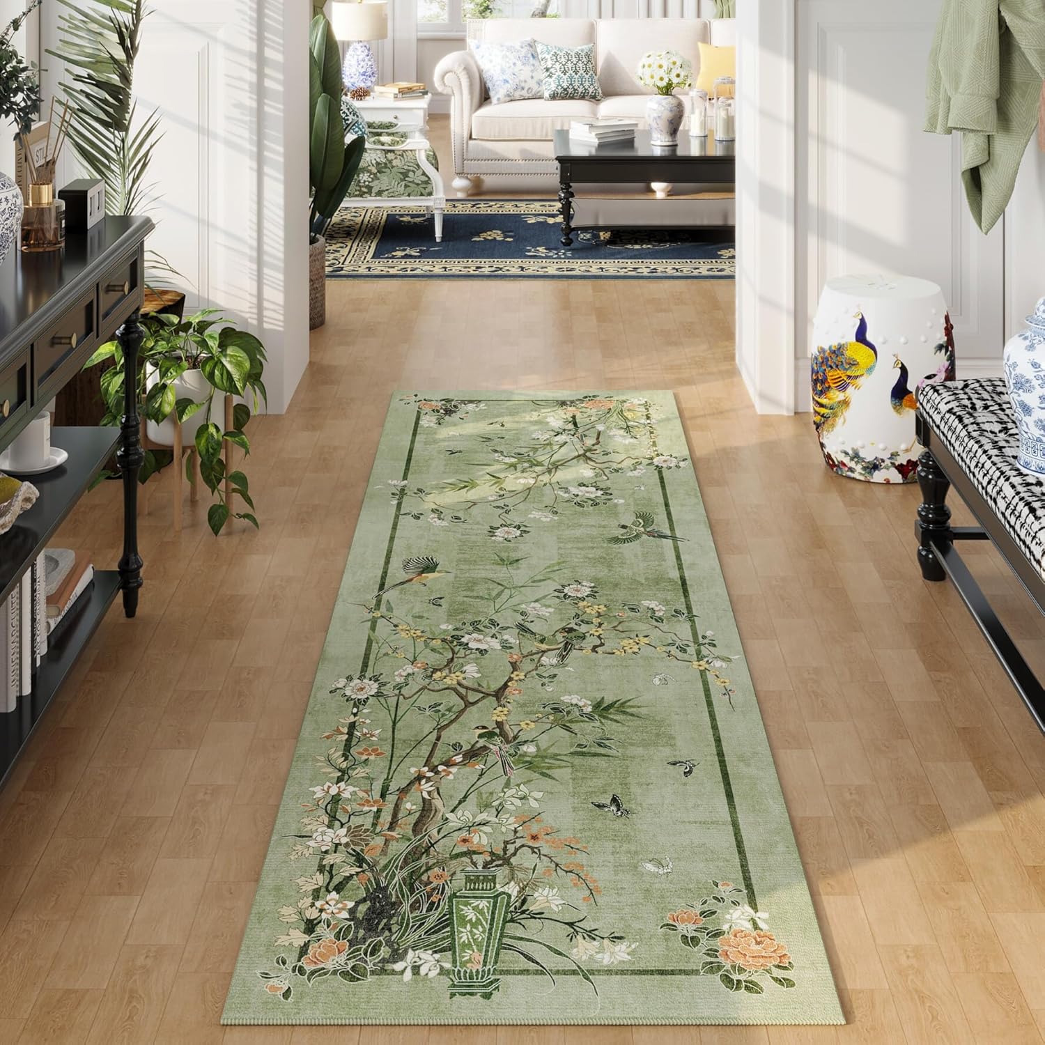 Chinoiserie-Style Floral Runner Rug 2x6 for Vintage Decor