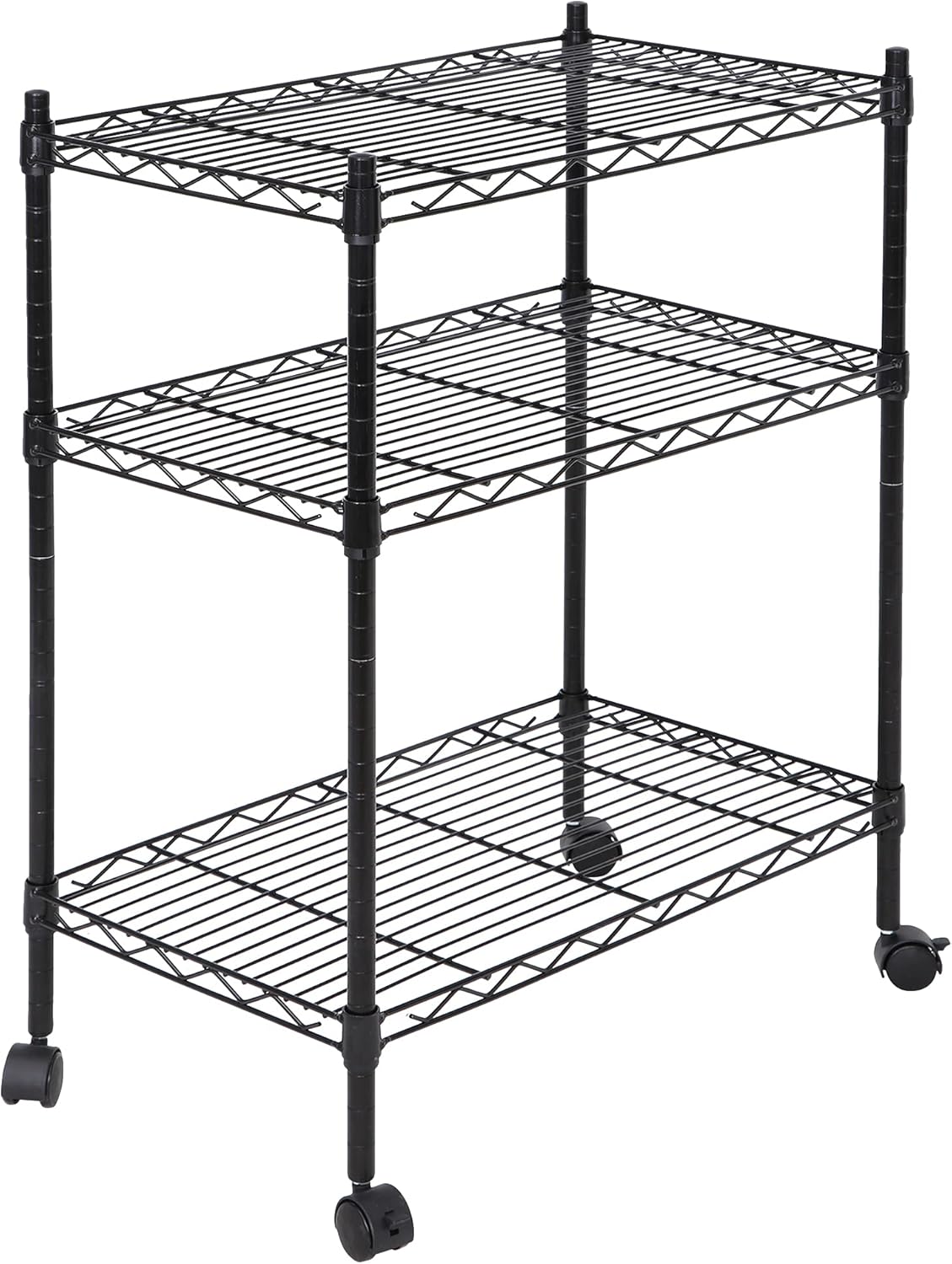 Adjustable 3-Shelf Storage Wire Rack on Wheels - Heavy Duty & Portable - Black