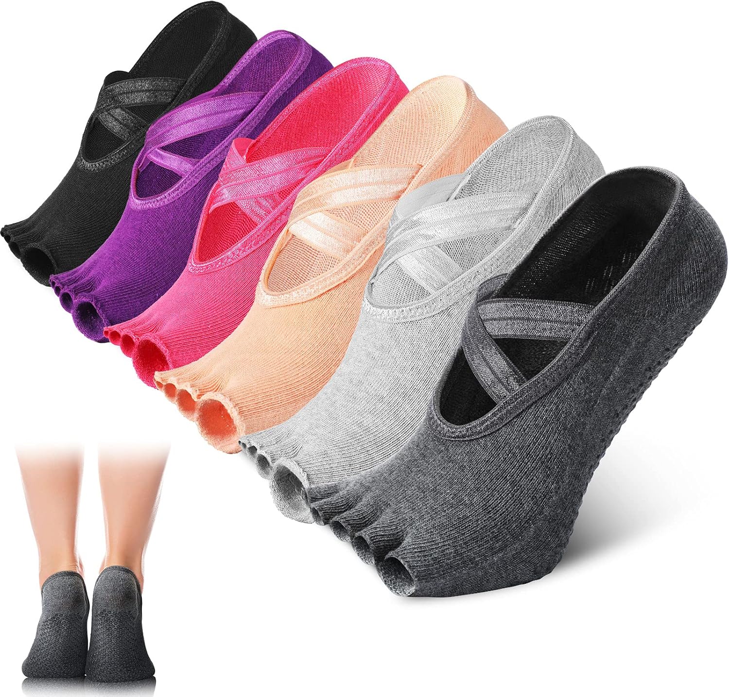 Non-Slip Toeless Pilates Socks - 6 Pairs for Women