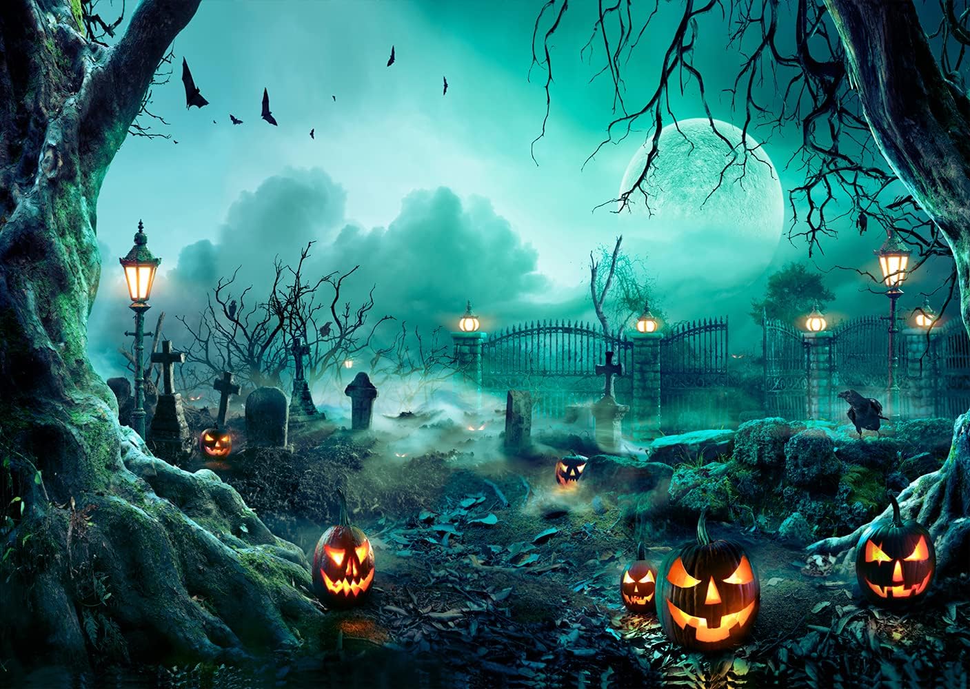 Halloween Cemetery Backdrop 10x8ft for Spooky Party Decor