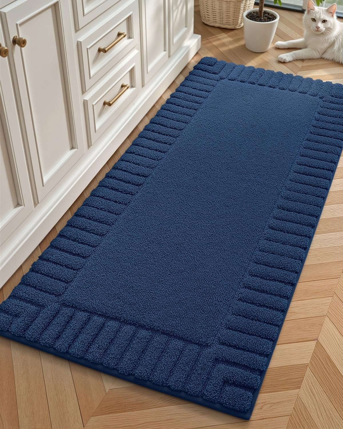 Color&Geometry Long Navy Blue Bathroom Runner Rug for Comfort