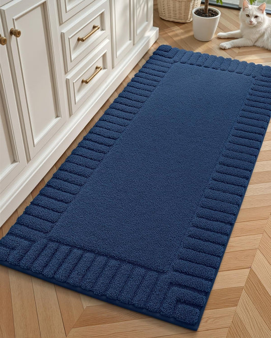 Color&Geometry Long Navy Blue Bathroom Runner Rug for Comfort