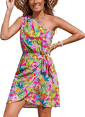 CUPSHE One Shoulder Leaf Print Self-tie Mini Dress - Tropical Vibe