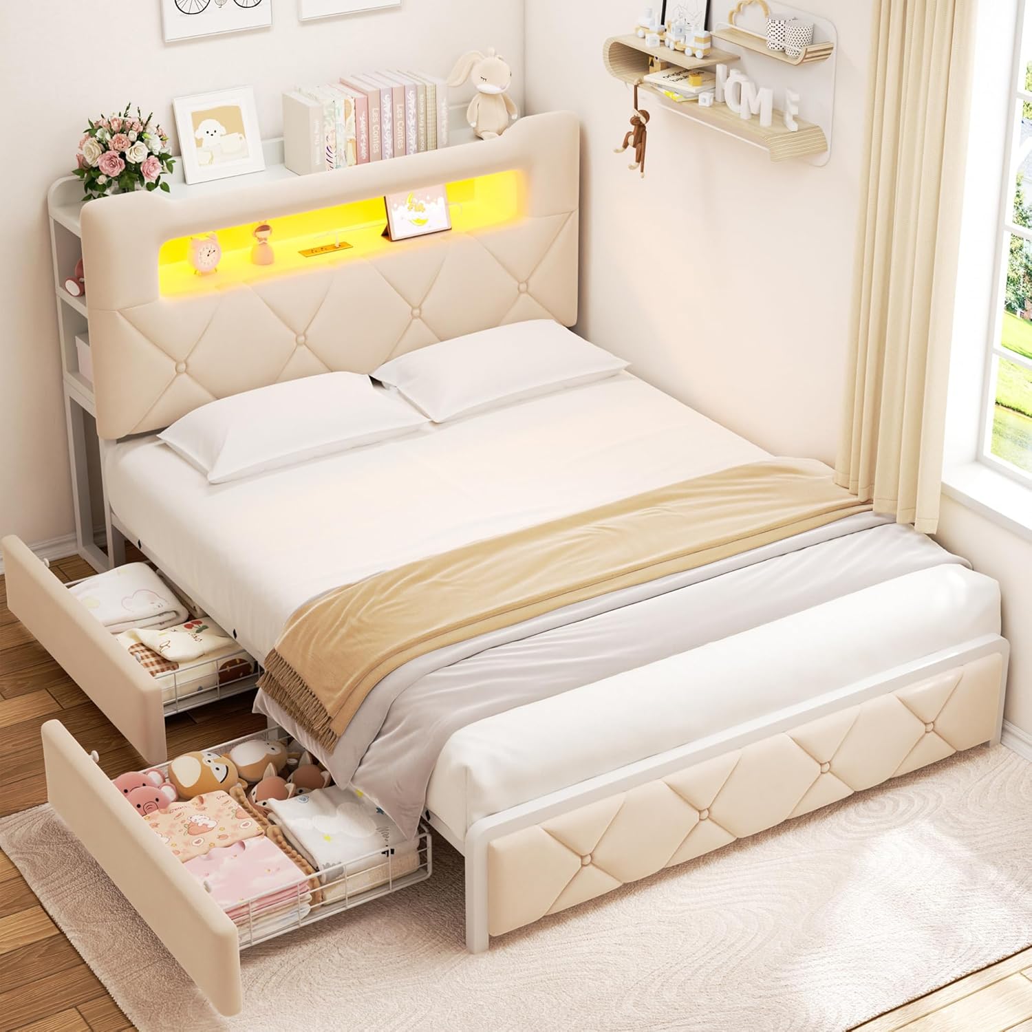 Full Upholstered LED Bed Frame with Storage Drawers and Headboard