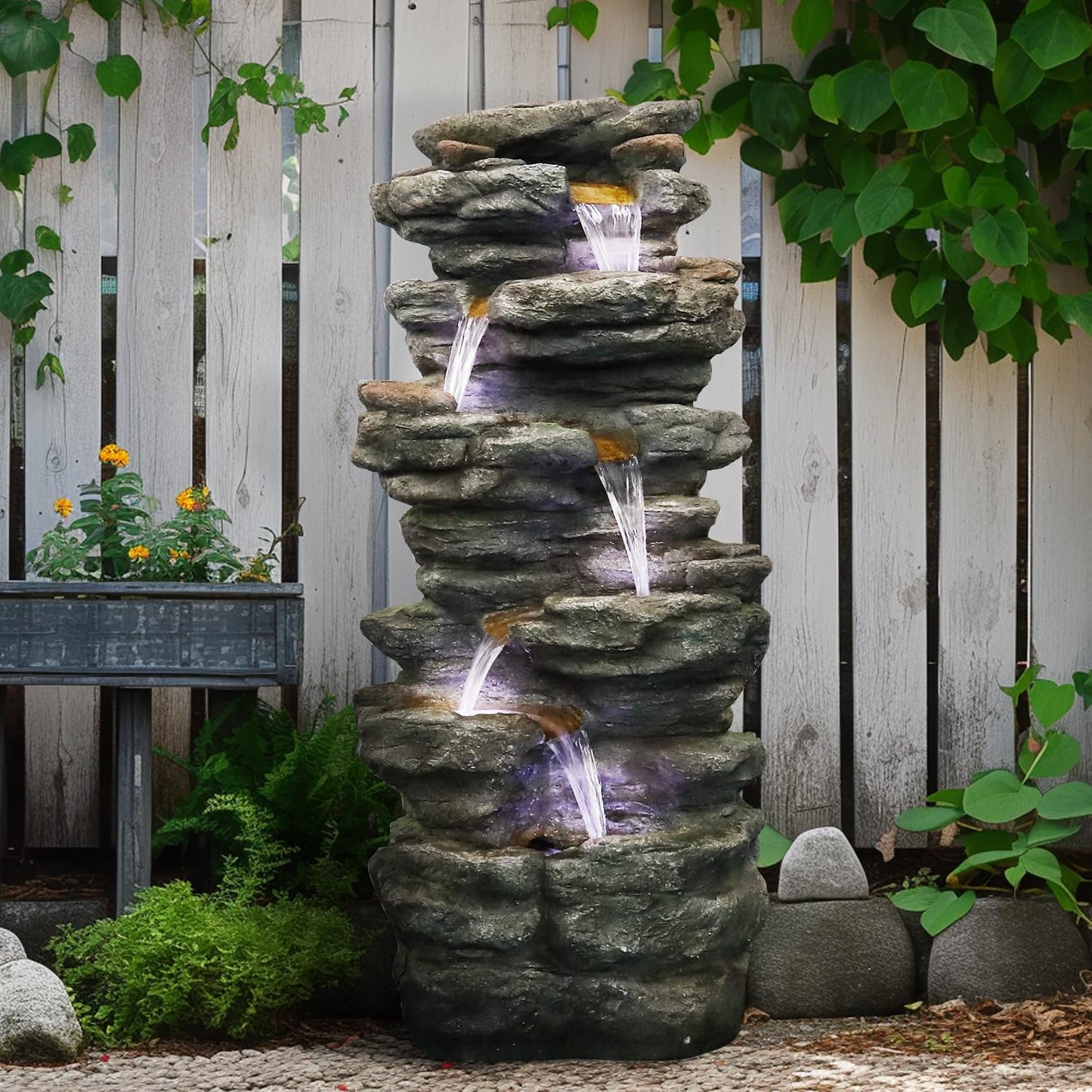 40 in High 6-Tiers Cascading Rock Outdoor Water Fountain