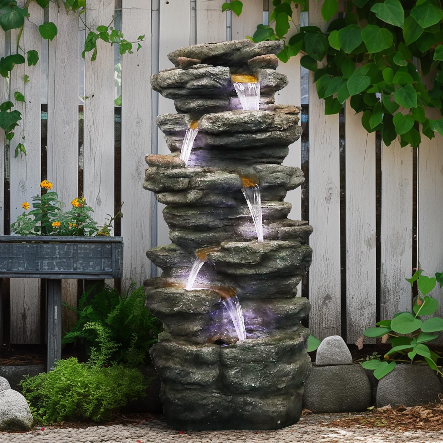 40 in High 6-Tiers Cascading Rock Outdoor Water Fountain