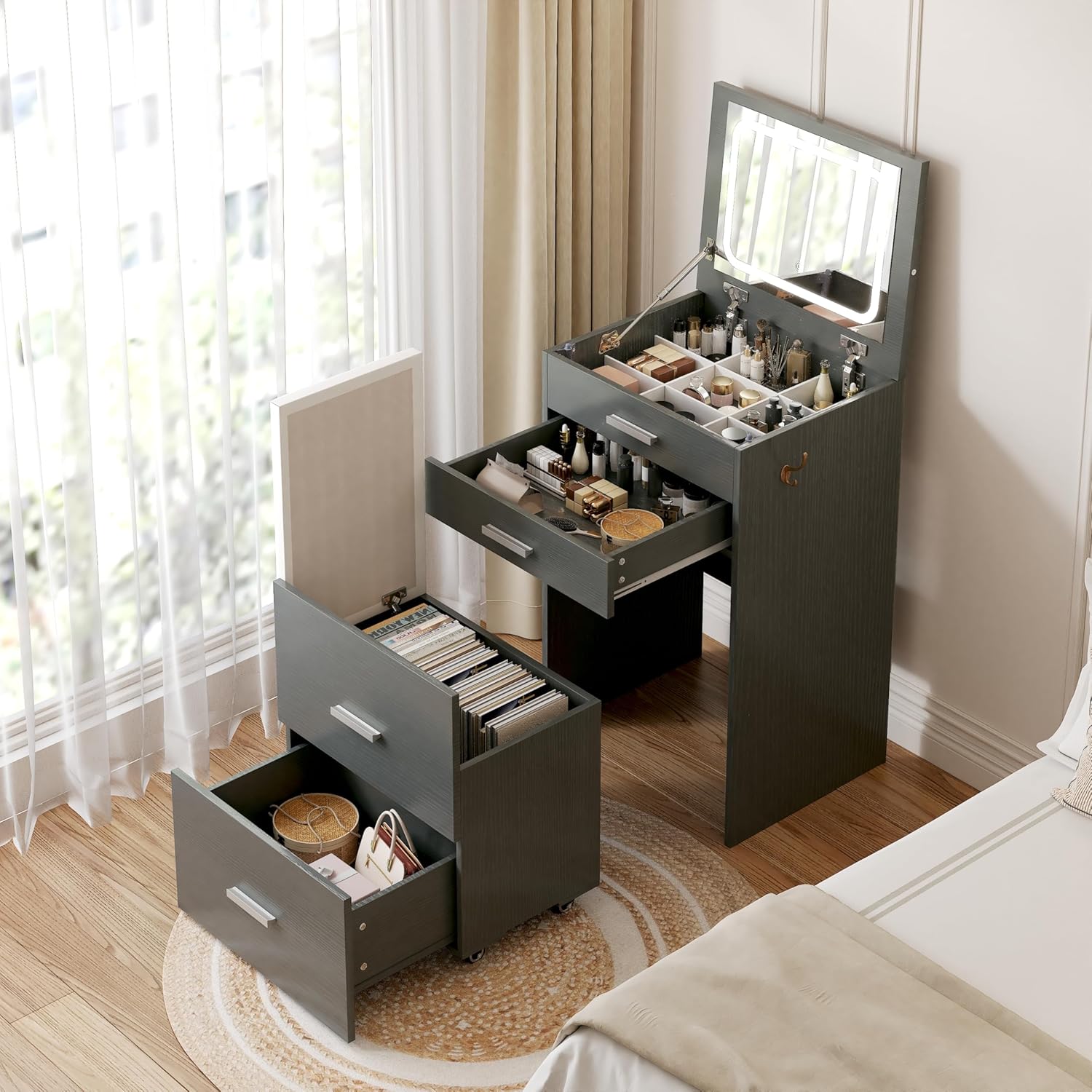 PulseFay Compact Vanity with 3 Drawers and Lighting Mirror