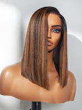Bob Wig 100% Human Hair Glueless Lace Front 14in Brown Highlights